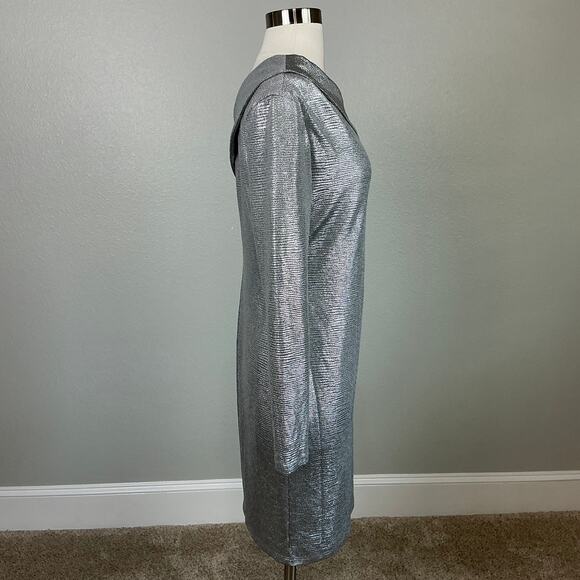 Ralph Lauren Off the Shoulder Long Sleeve Cocktail Dress Silver Size 8 Sheath - Picture 3 of 12